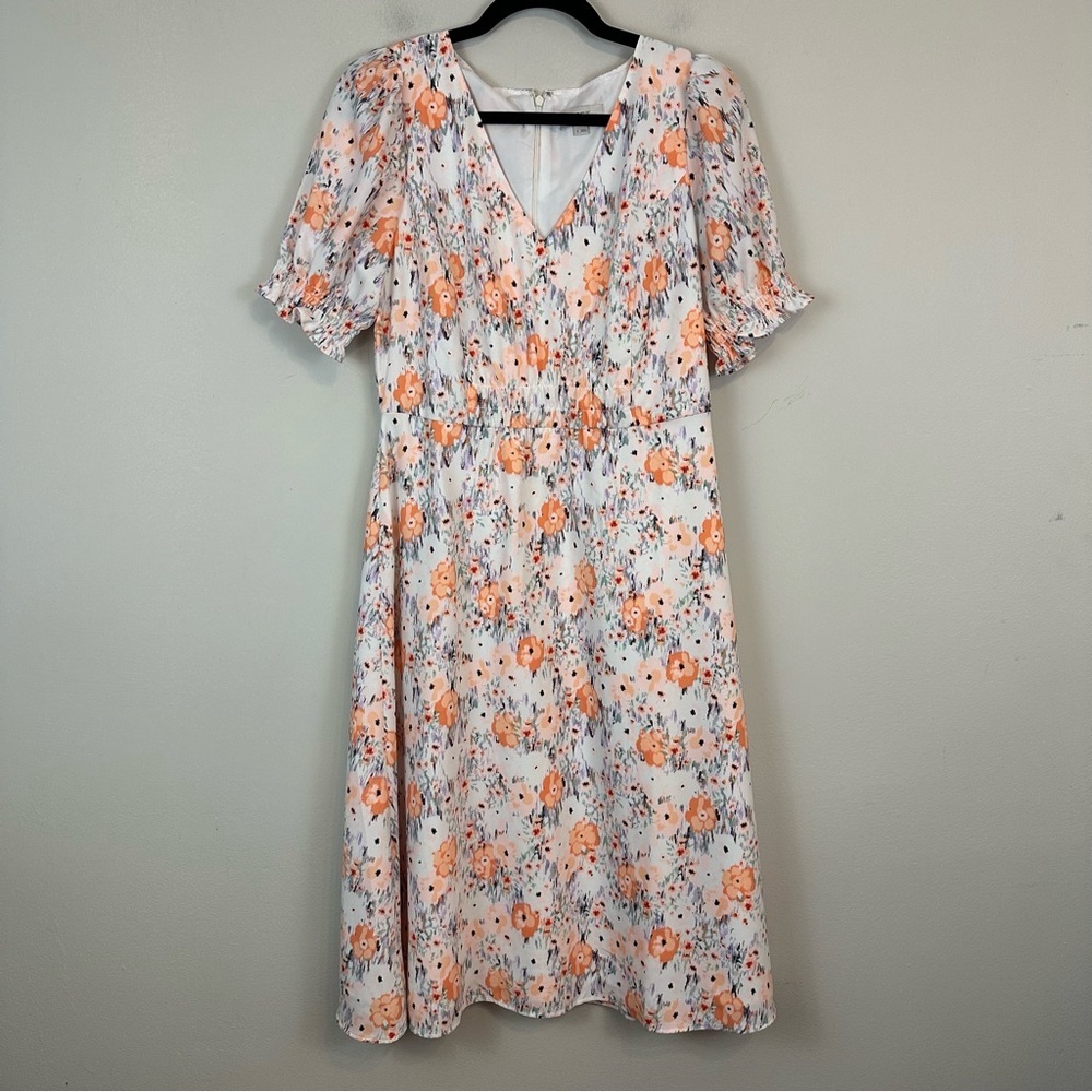 Loft | White Colorful Floral V-Neck Midi Length A-Line Dress Size 6 Women's